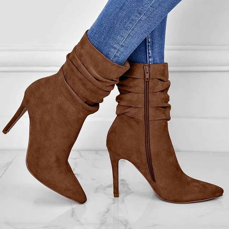 Elegante Spitzschuh Stiefeletten High Heels Samt Wildleder