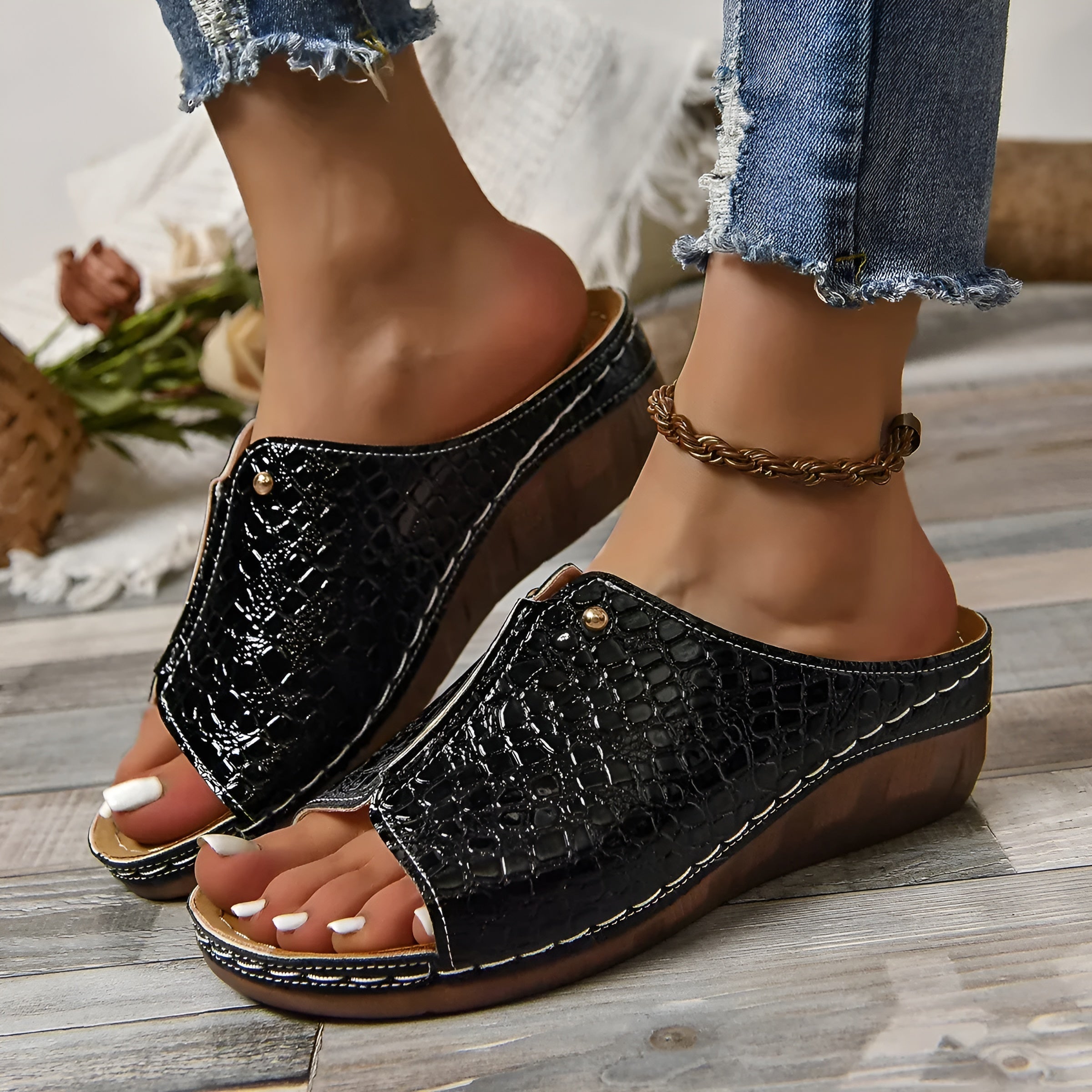 OrthoDay Sandalen Damen – Premium Orthopädische Vintage Keilabsatz Sandalen