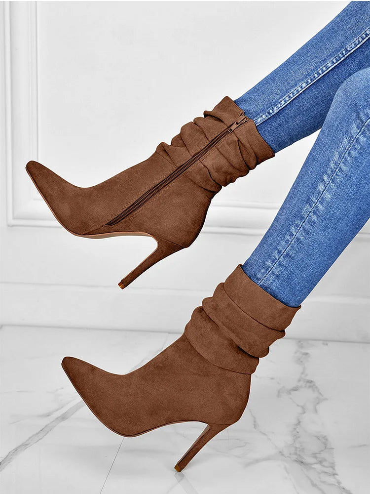 Elegante Spitzschuh Stiefeletten High Heels Samt Wildleder