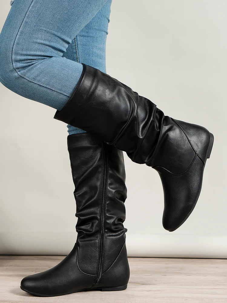 Damenstiefel PU Plissee Flock Fuzzy Niedrige Stiefel für Damen Einfarbig Elegante Stiefel bis zur Mitte der Wade