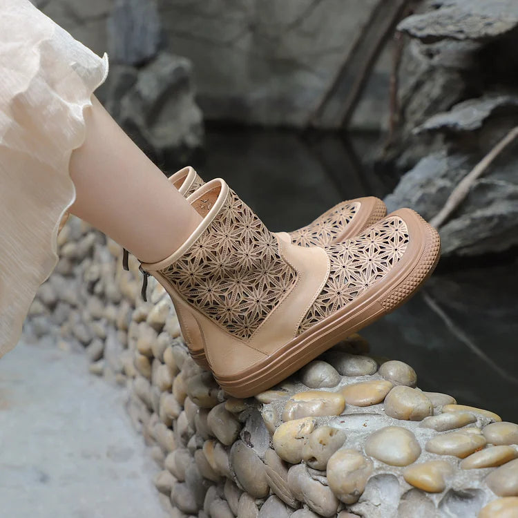 Handgemachte Sommerstiefel aus echtem Leder mit Aussparungen atmungsaktiv mit Reißverschluss kurze Stiefel Beige/Kaffee