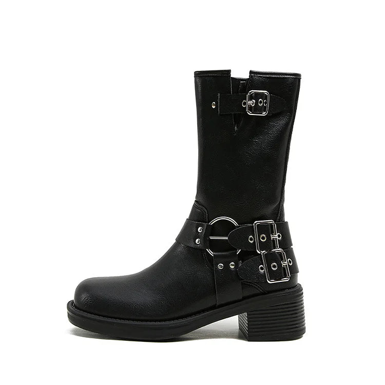 Damen Stiefeletten mit runder Zehenpartie aus PU mit Wadenschnalle und Retro-Western-Gothic-Stil