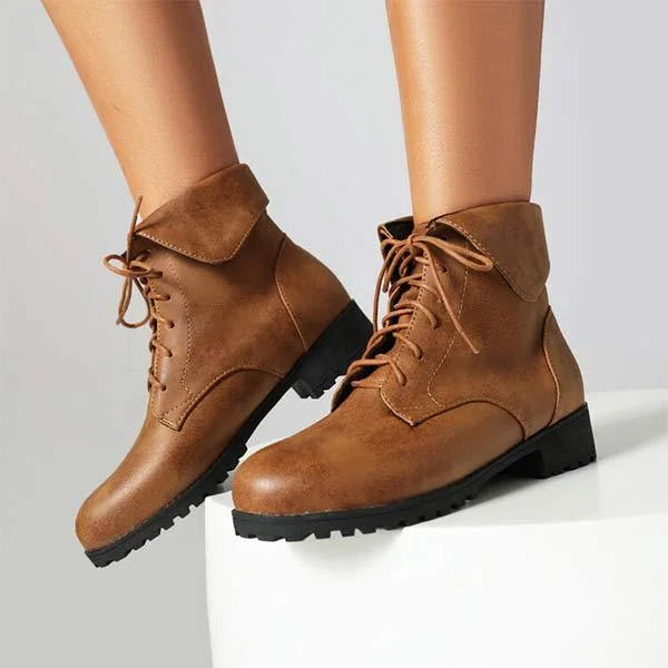 Damen Martin-Stiefel mit Umlegekragen und überkreuztem Patchwork-Schnürsystem