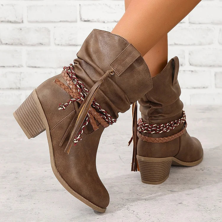 Damenstiefel mit plissierten Quasten und hohem Absatz wadenlang lockere Socken