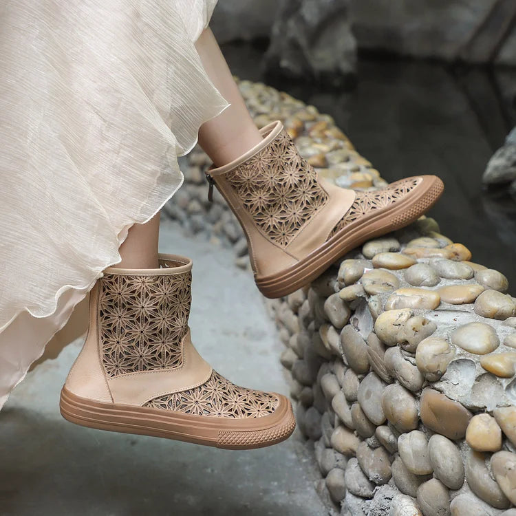 Handgemachte Sommerstiefel aus echtem Leder mit Aussparungen atmungsaktiv mit Reißverschluss kurze Stiefel Beige/Kaffee
