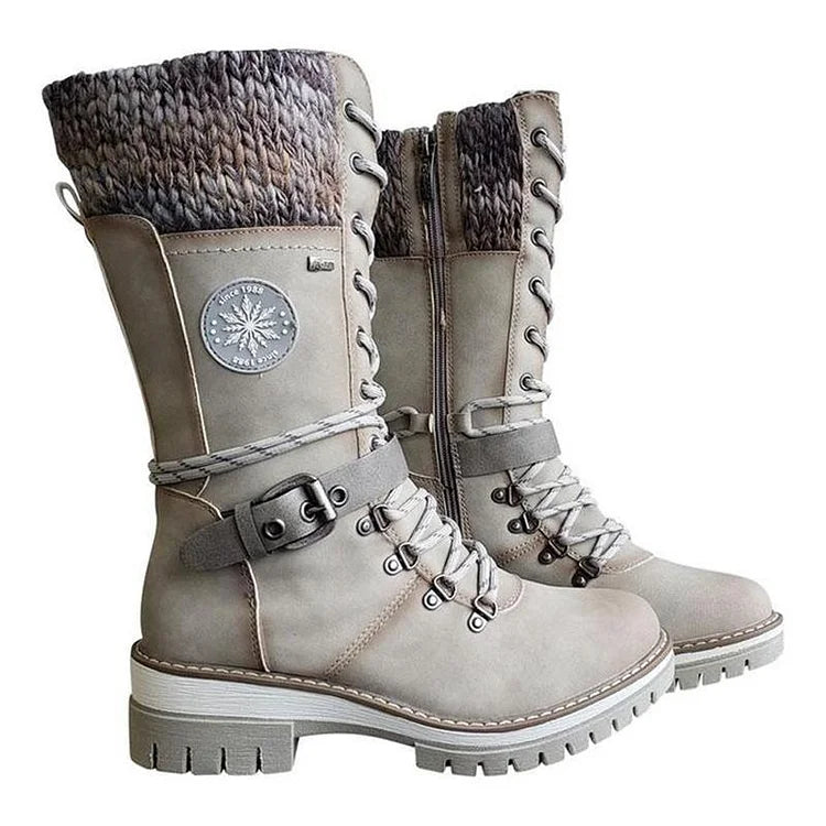 Retro-Stil klobige niedrige Absätze Schnürstiefel aus Strick bis zur Mitte der Wade