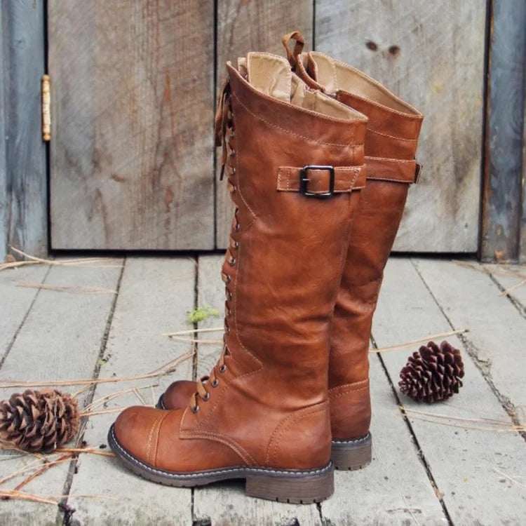 Damen-Stiefel mit niedrigem Absatz und Schnürung
