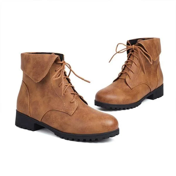 Damen Martin-Stiefel mit Umlegekragen und überkreuztem Patchwork-Schnürsystem