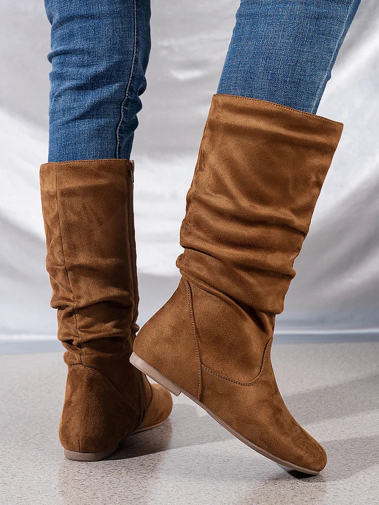 Damenstiefel Wildleder Plissee Flock Fuzzy Niedrige Stiefel für Damen Einfarbig Elegante Stiefel bis zur Mitte der Wade