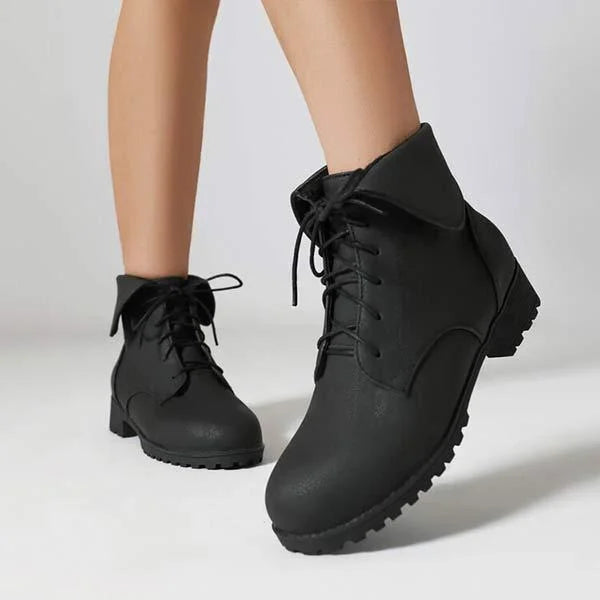 Damen Martin-Stiefel mit Umlegekragen und überkreuztem Patchwork-Schnürsystem