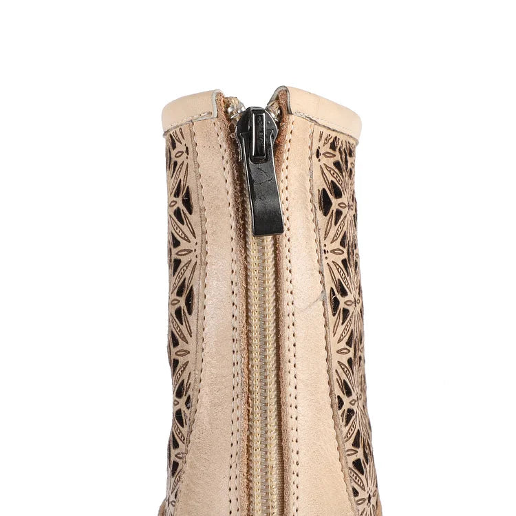 Handgemachte Sommerstiefel aus echtem Leder mit Aussparungen atmungsaktiv mit Reißverschluss kurze Stiefel Beige/Kaffee
