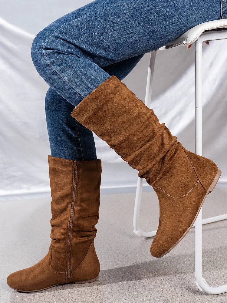 Damenstiefel Wildleder Plissee Flock Fuzzy Niedrige Stiefel für Damen Einfarbig Elegante Stiefel bis zur Mitte der Wade