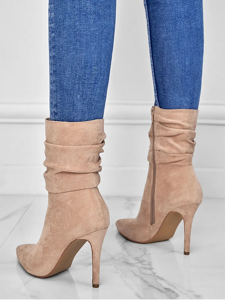 Elegante Spitzschuh Stiefeletten High Heels Samt Wildleder