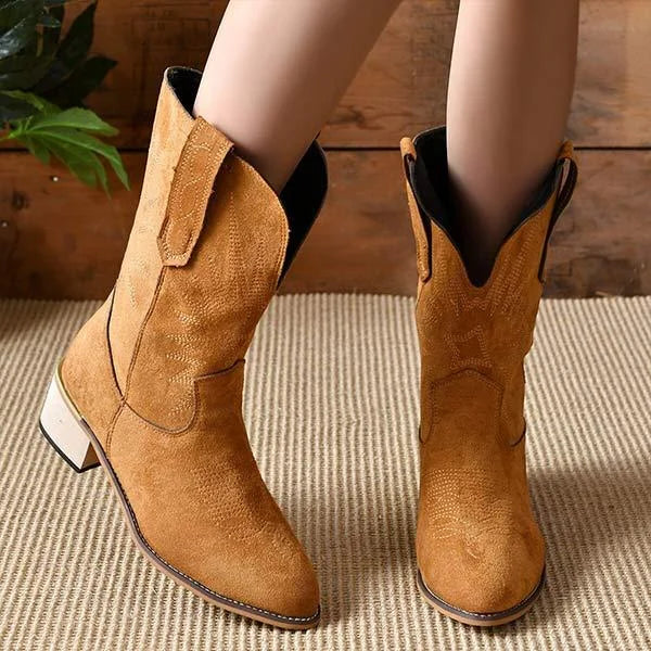 Lässige Retro-Stiefel für Damen mit quadratischem Absatz und mittlerer Wadenhöhe
