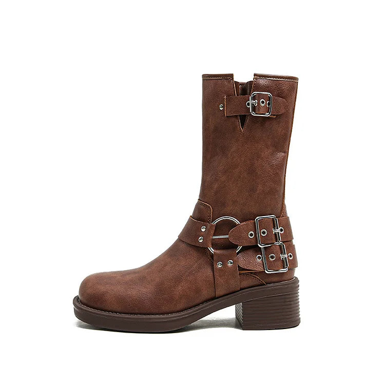 Damen Stiefeletten mit runder Zehenpartie aus PU mit Wadenschnalle und Retro-Western-Gothic-Stil