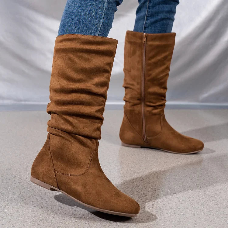 Damenstiefel Wildleder Plissee Flock Fuzzy Niedrige Stiefel für Damen Einfarbig Elegante Stiefel bis zur Mitte der Wade