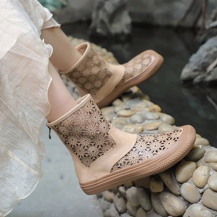 Handgemachte Sommerstiefel aus echtem Leder mit Aussparungen atmungsaktiv mit Reißverschluss kurze Stiefel Beige/Kaffee