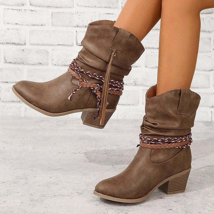 Damenstiefel mit plissierten Quasten und hohem Absatz wadenlang lockere Socken