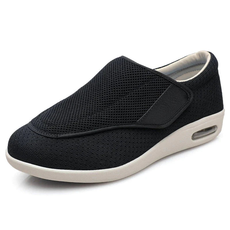 Elastische breite orthopädische Schuhe ohne Schnürung mit verstellbarem Verschluss – Schwarz