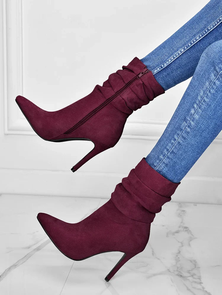 Elegante Spitzschuh Stiefeletten High Heels Samt Wildleder