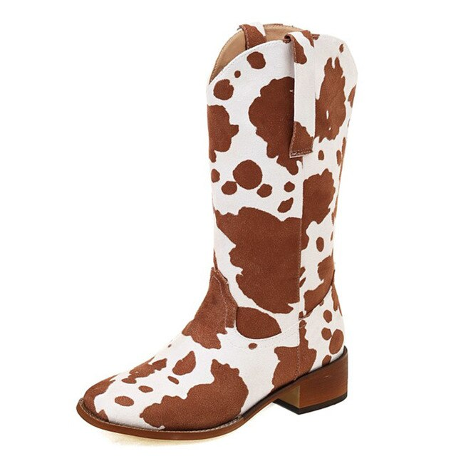 Damen Westernstiefel mit Blockabsatz und Kuhfell-Print