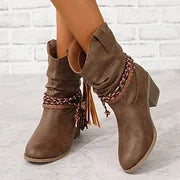 Damenstiefel mit plissierten Quasten und hohem Absatz wadenlang lockere Socken