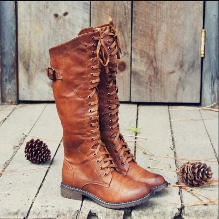 Damen-Stiefel mit niedrigem Absatz und Schnürung