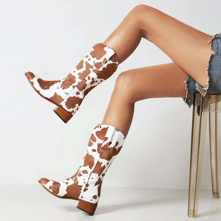 Damen Westernstiefel mit Blockabsatz und Kuhfell-Print