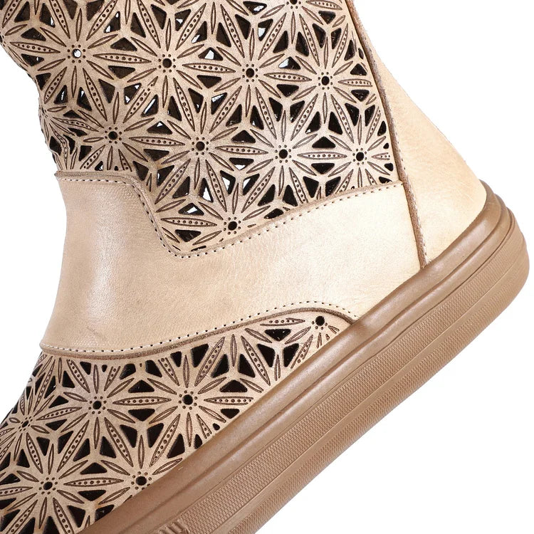 Handgemachte Sommerstiefel aus echtem Leder mit Aussparungen atmungsaktiv mit Reißverschluss kurze Stiefel Beige/Kaffee