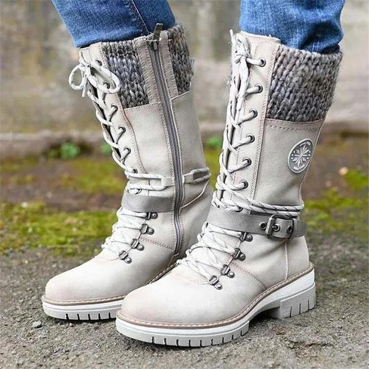 Retro-Stil klobige niedrige Absätze Schnürstiefel aus Strick bis zur Mitte der Wade