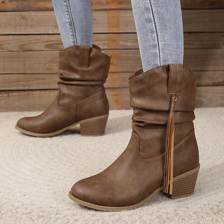 Damenstiefel mit plissierten Quasten und hohem Absatz wadenlang lockere Socken