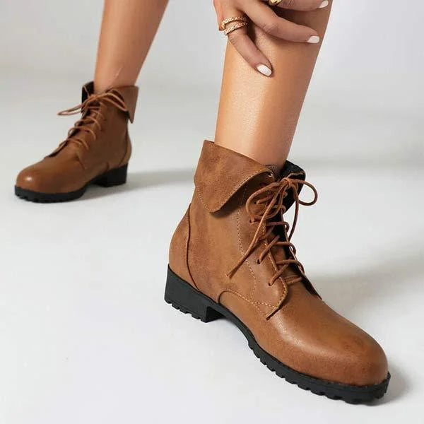 Damen Martin-Stiefel mit Umlegekragen und überkreuztem Patchwork-Schnürsystem