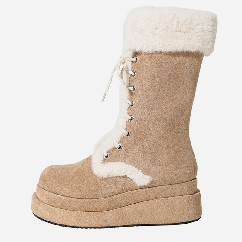 Damen Retro-Schnürstiefel aus Samt mit dicker Sohle und warmer Wadenhöhe