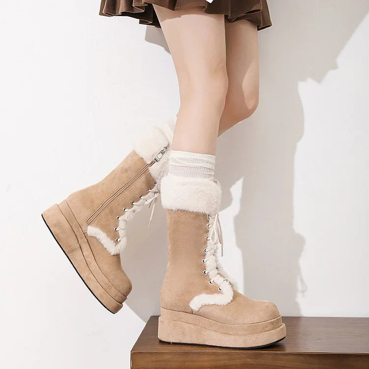 Damen Retro-Schnürstiefel aus Samt mit dicker Sohle und warmer Wadenhöhe
