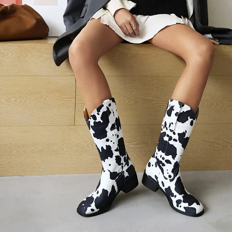 Damen Westernstiefel mit Blockabsatz und Kuhfell-Print