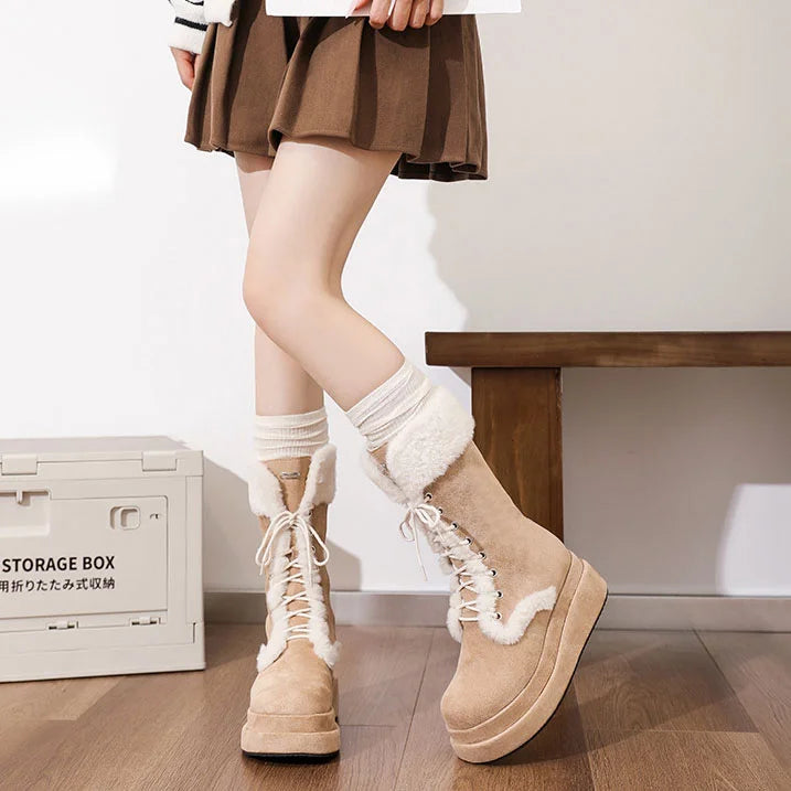 Damen Retro-Schnürstiefel aus Samt mit dicker Sohle und warmer Wadenhöhe