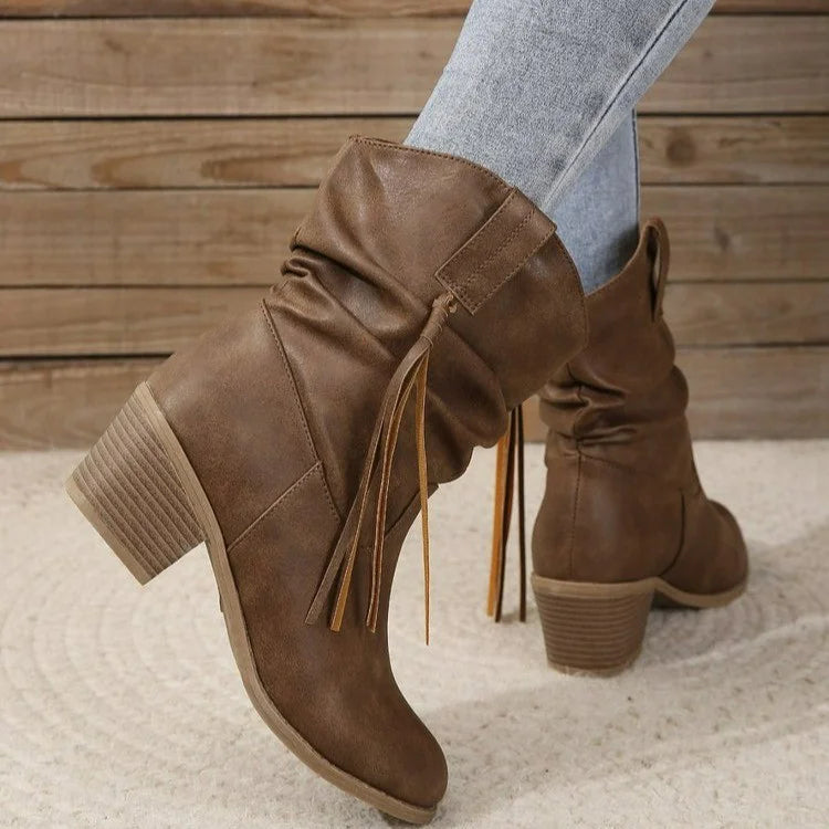 Damenstiefel mit plissierten Quasten und hohem Absatz wadenlang lockere Socken